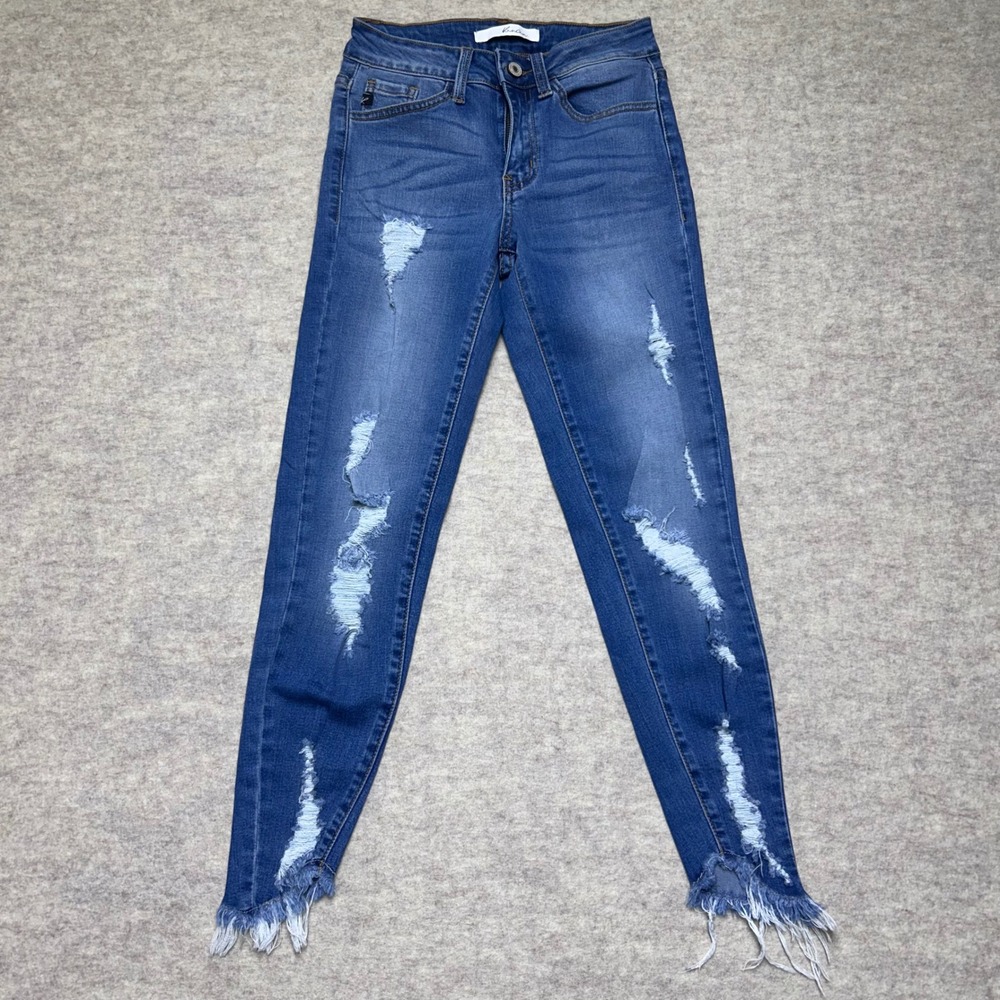 Kancan Womens Blue Distressed Frayed Hem Skinny Jeans Size 24
